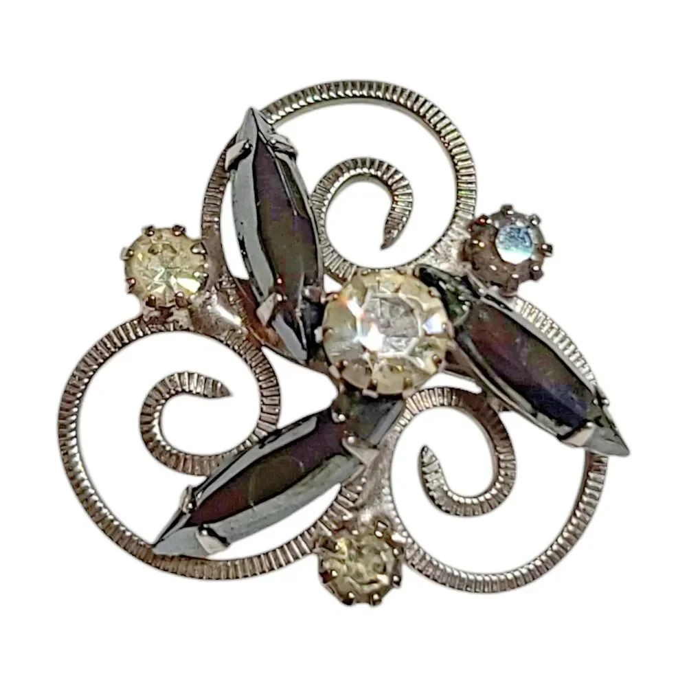 Vtg Black Marquise & Clear Round Rhinestone Scroll Work Brooch Pin Silver Tone